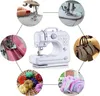 A collage of images showcasing a white sewing machine and various items that can be made or sewn with it, including fabric, a zipper, a handbag, decorative pumpkins, and bedding. Produktbild-Vorschau