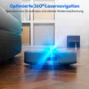 A robotic vacuum cleaner is shown on a wooden floor, emitting blue laser light, with a charging station in the background and a couch on the left. Text overlays describe its features. Produktbild-Vorschau