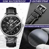 A collage of images showcasing a watch, its leather strap, and a sapphire crystal glass. Produktbild-Vorschau