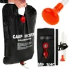 A collage of a camping shower bag, shower head, and accessories. Náhled obrázku produktu