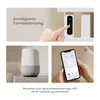 A collage showing different ways to control an electric towel warmer: a hand interacting with a touch panel, a smart speaker, and a smartphone app. Produktbild-Vorschau