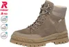 A single beige Rieker women's boot is shown against a white background, with brand logos and feature icons on the left. Produktbild-Vorschau