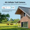 A marketing image for a 4G cellular trail camera, showing a rustic wooden building and horses in a field, with text detailing product features and network compatibility. Produktbild-Vorschau