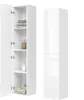 A white high-gloss bathroom cabinet shown from two angles: one with doors open and one with doors closed. Produktbild-Vorschau