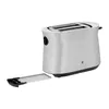 A silver toaster with a crumb tray detached and placed in front of it, set against a white background. Produktbild-Vorschau