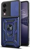 A blue armor phone case with a camera cover and a ring holder is shown next to a smartphone. Produktbild-Vorschau