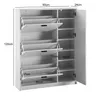 A white shoe cabinet with multiple shelves and flip-down compartments, shown with dimensions indicated by text overlays. Produktbild-Vorschau