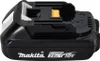 A black Makita 18V lithium-ion battery pack with yellow and white accents is shown from a slightly elevated side angle against a white background. Produktbild-Vorschau