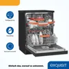 A dishwasher with its door open, displaying its interior racks and dishes. Icons and text describing features are on the left side of the image. Produktbild-Vorschau
