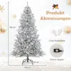 A flocked artificial Christmas tree with lights and decorative balls, with product dimensions and included accessories shown. Náhled obrázku produktu