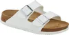 A pair of white Birkenstock Arizona sandals with silver buckles. Náhled obrázku produktu