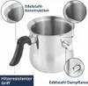 A close-up marketing image of a stainless steel milk pot with callouts highlighting its features. Produktbild-Vorschau