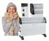 A woman is shown bundled up in winter clothing, smiling, next to product shots of a white electric heater. Produktbild-Vorschau