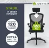 An advertising image for an office chair, highlighting its stability and weight capacity. The image is split into two sections: a dark gray section with text and graphics, and a white section showing the chair. Podgląd zdjęcia produktu