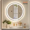 A modern bathroom vanity with a round LED mirror, sink, and faucet. Podgląd zdjęcia produktu