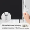 A close-up of a black roller blind with a safety mechanism for the pull cord, and text describing its features. Produktbild-Vorschau