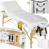 A collage of images showing a white massage table in various states: set up, folded, and with accessories. The table has wooden legs and is made of white upholstery. Náhled obrázku produktu