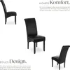 Three views of a black dining chair are shown against a white background, accompanied by descriptive text about its comfort and design. Produktbild-Vorschau
