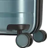 A close-up view of the wheels and bottom corner of a light blue suitcase. Produktbild-Vorschau