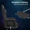 A gaming chair with a close-up of its retractable footrest, featuring dimensions and German text. Produktbild-Vorschau