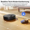 A black robot vacuum cleaner is shown on a wooden floor, with a small slipper nearby. Text overlays describe its obstacle avoidance technology. Náhled obrázku produktu
