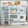 A bunk bed with stairs and storage, featuring diagrams and text indicating materials and dimensions. Produktbild-Vorschau