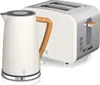 A white kettle and a white toaster with wood accents are shown side-by-side against a white background. Voir les images du produit