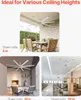 Collage showing a ceiling fan installed in different settings with varying down rod lengths. Produktbild-Vorschau