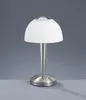 A modern LED table lamp with a brushed nickel finish and a frosted white dome shade, displayed against a plain gray background. Produktbild-Vorschau