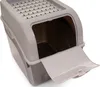 A close-up, studio shot of a gray plastic cat litter box with the front door open. Voir les images du produit