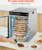 A person is shown removing a tray of dehydrated food from a VEVOR dehydrator. Several plates of dehydrated food are visible on the counter. Podgląd zdjęcia produktu