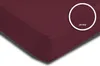 A close-up view of a burgundy fitted sheet, with a circular inset showing a magnified view of the fabric texture and the word 'Jersey'. Produktbild-Vorschau
