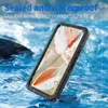 A waterproof phone case is submerged in water, with water droplets on the screen. Produktbild-Vorschau