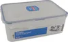 A clear plastic food container with a blue lid and a label on the front. Produktbild-Vorschau