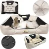A collage of images showing a dog bed with a golden retriever puppy inside, close-ups of the bed's features, and a different angle of the bed. Voir les images du produit