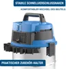 A close-up view of the top part of a blue and black wet and dry vacuum cleaner, with text overlays highlighting its features. Produktbild-Vorschau