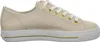 A side view of a beige leather sneaker with white laces and gold eyelets. Produktbild-Vorschau
