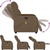 A collage of images showing a brown fabric massage chair in different reclining positions, with arrows indicating movement. Podgląd zdjęcia produktu