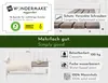 A white wooden garden bench with a blanket and mug, surrounded by marketing information. Voir les images du produit