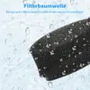 A close-up of a black filter sponge with water droplets on it, set against a blue and white water-like background with more water droplets. Produktbild-Vorschau