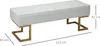 A white upholstered bench with gold metal legs, showing its dimensions. Náhľad obrázku produktu