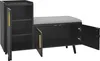 A black shoe cabinet with a gray upholstered bench seat, shown with one side cabinet door and the bench storage compartment doors open. Anteprima dell’immagine prodotto