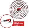 A collage of cordless power tools arranged in concentric circles around a central battery, with a close-up of a reciprocating saw in the lower left. Text indicates it's part of the 'Power X-Change Family'. Produktbild-Vorschau