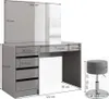A gray high-gloss vanity table with a mirror and a matching stool, shown with dimensions indicated by measurement lines and text. Náhled obrázku produktu