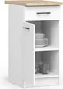 A white kitchen cabinet with a wooden countertop, showing open shelves with plates and glasses. Náhľad obrázku produktu