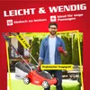 A man is standing next to a red electric lawnmower in a garden setting. The image has promotional text overlays. Produktbild-Vorschau