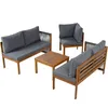 A set of outdoor furniture including a sofa, a corner chair, a bench, and a coffee table, all with gray cushions and wooden frames. Podgląd zdjęcia produktu