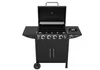 A black gas grill with the lid open, shown from the front on a white background. Podgląd zdjęcia produktu