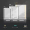 Three different sizes of illuminated bathroom mirrors are displayed, showcasing different light colors and features. Produktbild-Vorschau