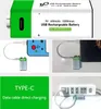 Collage showing a rechargeable 9V battery, its charging methods, and its use with electronic devices. Produktbild-Vorschau